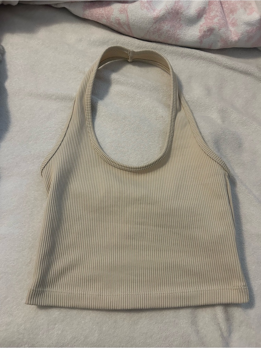 Divided Ribbed Halter Crop Tank - Cream